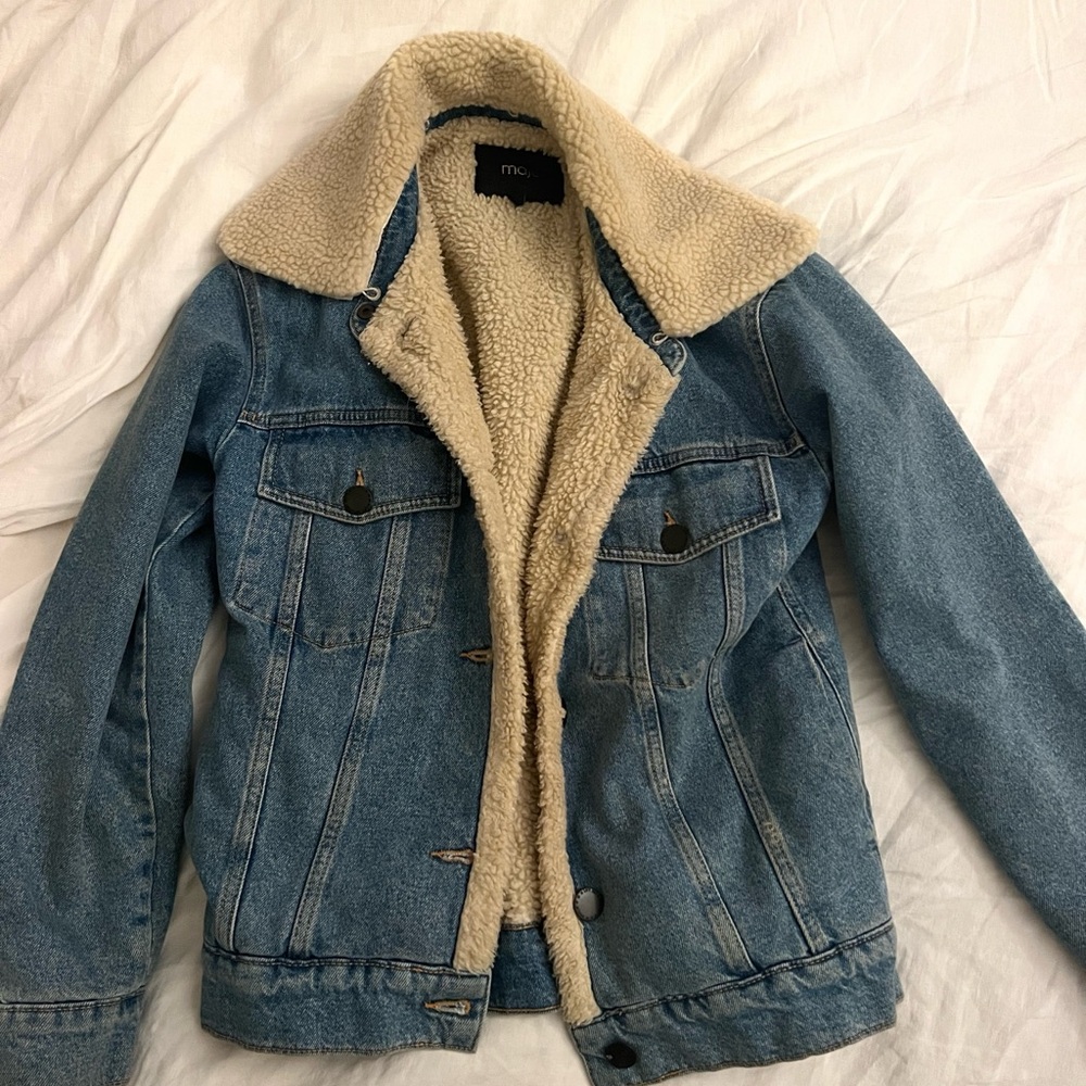Maje Womens Faux Shearling Lined Denim Jacket